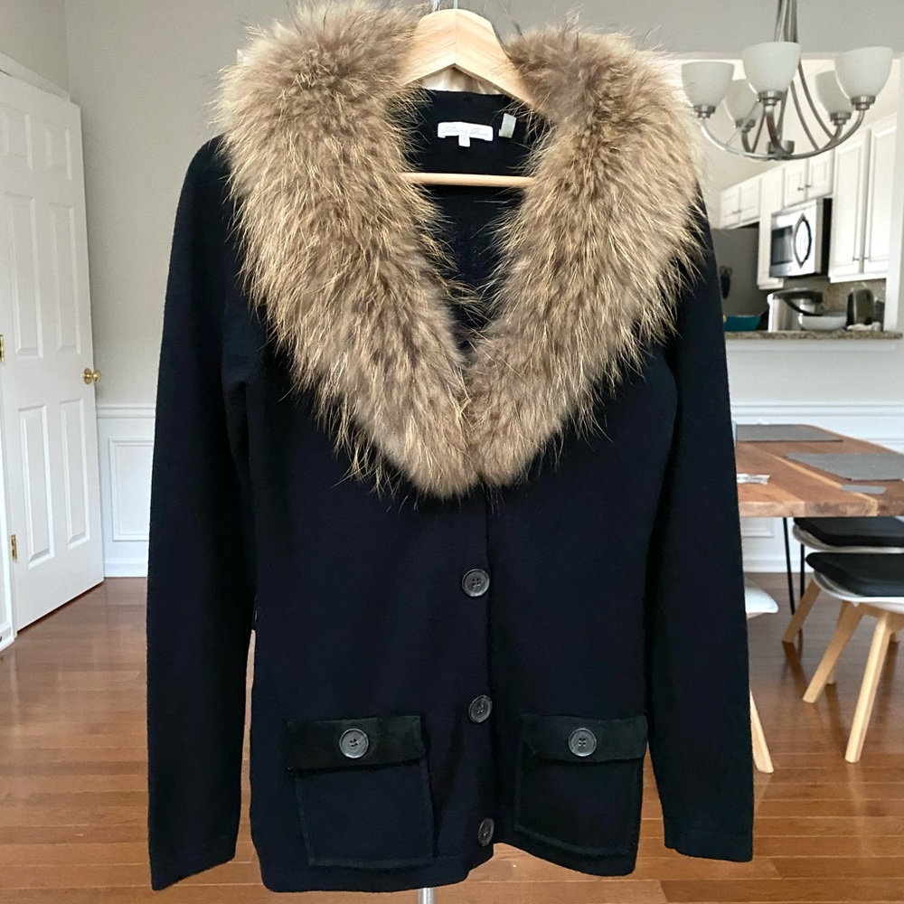 EUC Minnie Rose Merino Wool Fur Trim Cardigan Black Small S